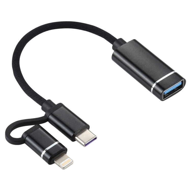 USB 3.0 Female to 8 Pin + USB-C / Type-C Male Charging + Transmission OTG Nylon Braided Adapter Cable, Cable Length: 11cm, 8 Pin Black, 8 Pin Silver + White, 8 Pin Silver, 8 Pin Red, 8 Pin Blue