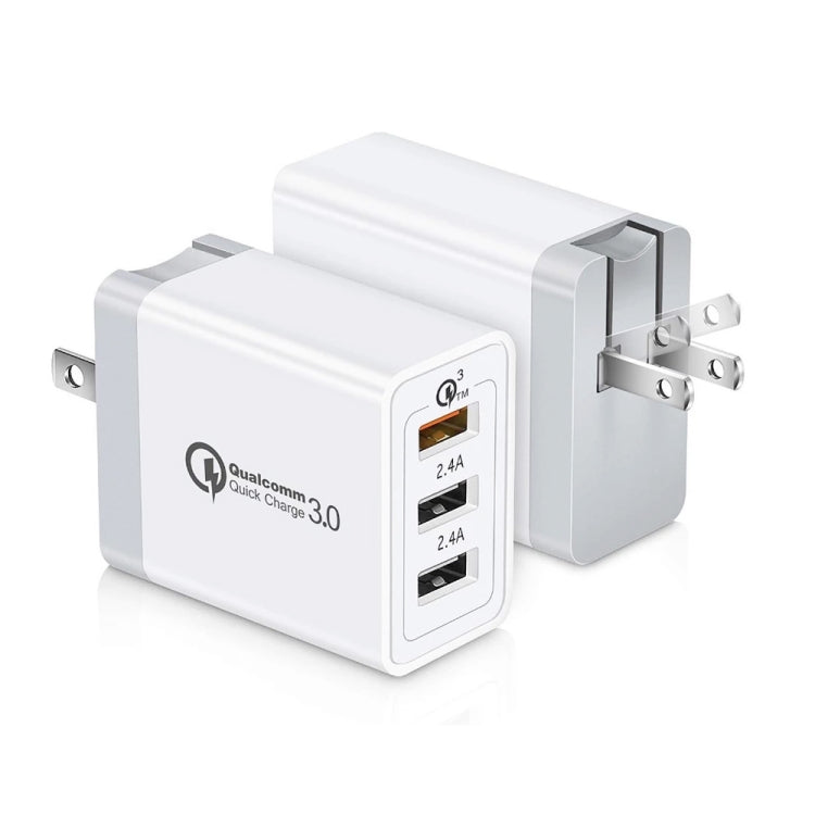 SDC-30W 2 in 1 USB to 8 Pin Data Cable + 30W QC 3.0 USB + 2.4A Dual USB 2.0 Ports Mobile Phone Tablet PC Universal Quick Charger Travel Charger Set,  US Plug, with 8 Pin Cable, US Plug