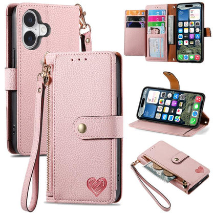 Love Zipper Lanyard Leather Phone Case, For iPhone 17e / 16e, For iPhone 17 Pro Max, For iPhone 17 Pro, For iPhone 17, For iPhone Air, For iPhone 16 Pro Max, For iPhone 16 Pro, For iPhone 16 Plus