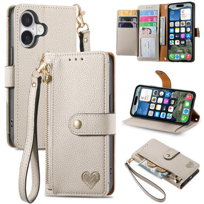 Love Zipper Lanyard Leather Phone Case, For iPhone 17e / 16e, For iPhone 17 Pro Max, For iPhone 17 Pro, For iPhone 17, For iPhone Air, For iPhone 16 Pro Max, For iPhone 16 Pro, For iPhone 16 Plus