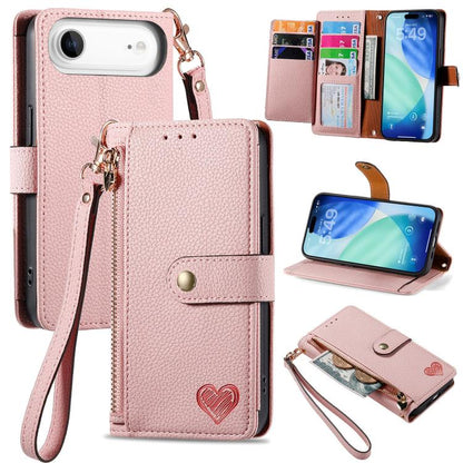 Love Zipper Lanyard Leather Phone Case, For iPhone 17e / 16e, For iPhone 17 Pro Max, For iPhone 17 Pro, For iPhone 17, For iPhone Air, For iPhone 16 Pro Max, For iPhone 16 Pro, For iPhone 16 Plus