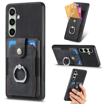 Retro Skin-feel Ring Card Wallet Phone Case, For Samsung Galaxy A57 5G, For Samsung Galaxy A37 5G, For Samsung Galaxy S25 Edge 5G, For Samsung Galaxy A56 5G, For Samsung Galaxy A36, For Samsung Galaxy S25 5G, For Samsung Galaxy S25+ 5G                 ...
