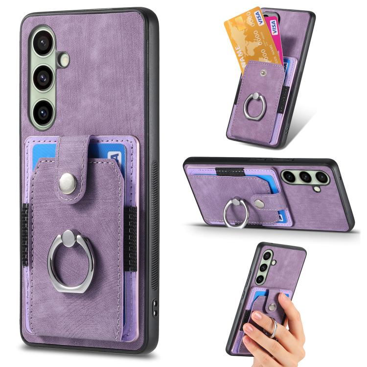 Retro Skin-feel Ring Card Wallet Phone Case, For Samsung Galaxy A57 5G, For Samsung Galaxy A37 5G, For Samsung Galaxy S25 Edge 5G, For Samsung Galaxy A56 5G, For Samsung Galaxy A36, For Samsung Galaxy S25 5G, For Samsung Galaxy S25+ 5G                 ...