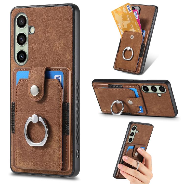 Retro Skin-feel Ring Card Wallet Phone Case, For Samsung Galaxy A57 5G, For Samsung Galaxy A37 5G, For Samsung Galaxy S25 Edge 5G, For Samsung Galaxy A56 5G, For Samsung Galaxy A36, For Samsung Galaxy S25 5G, For Samsung Galaxy S25+ 5G                 ...
