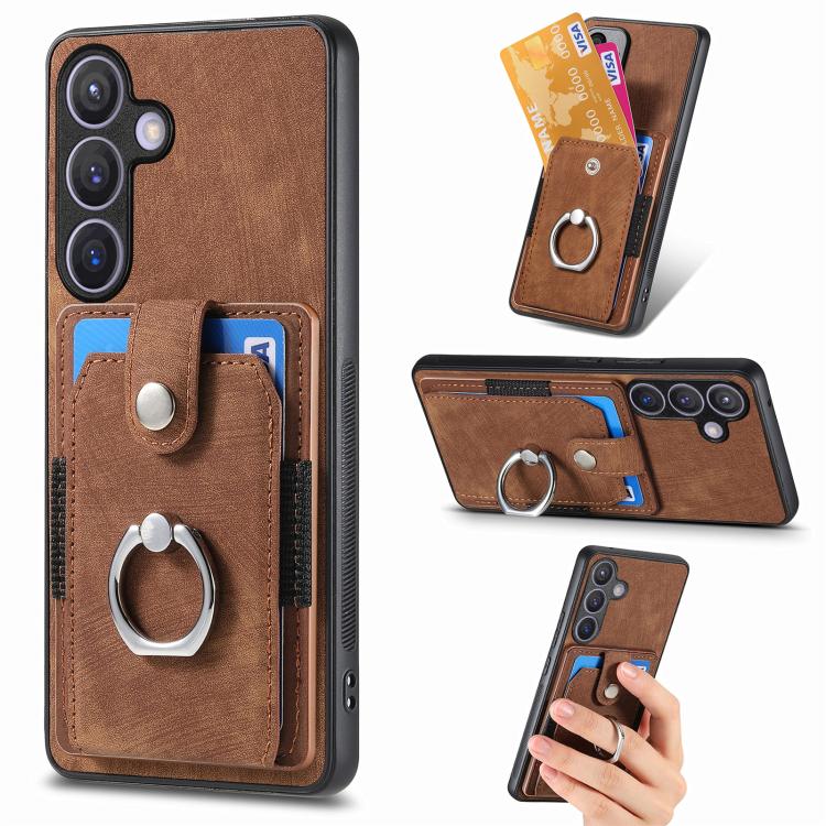 Retro Skin-feel Ring Card Wallet Phone Case, For Samsung Galaxy A57 5G, For Samsung Galaxy A37 5G, For Samsung Galaxy S25 Edge 5G, For Samsung Galaxy A56 5G, For Samsung Galaxy A36, For Samsung Galaxy S25 5G, For Samsung Galaxy S25+ 5G                 ...