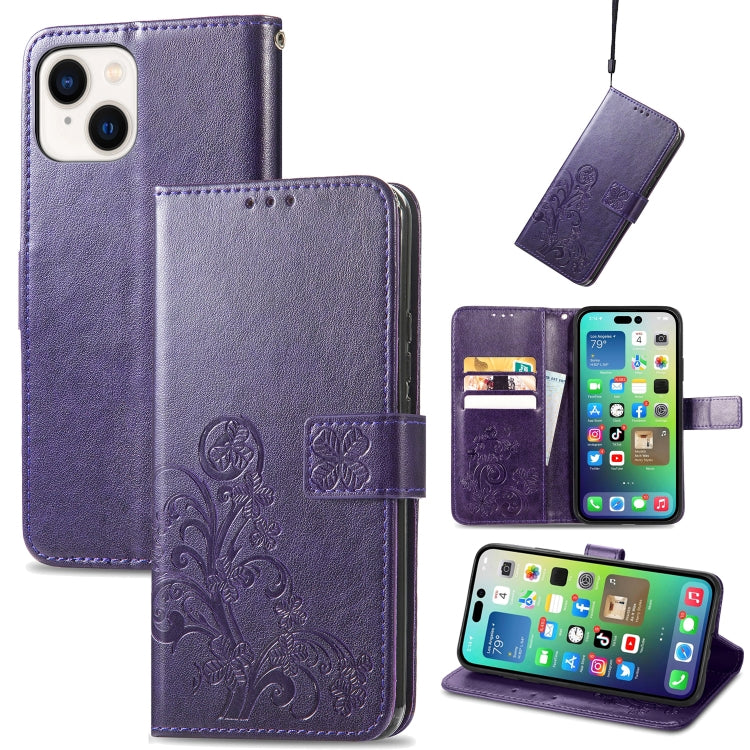 Four-leaf Clasp Embossed Buckle Leather Phone Case, For iPhone 15 Pro Max, For iPhone 15 Pro, For iPhone 15 Plus, For iPhone 15