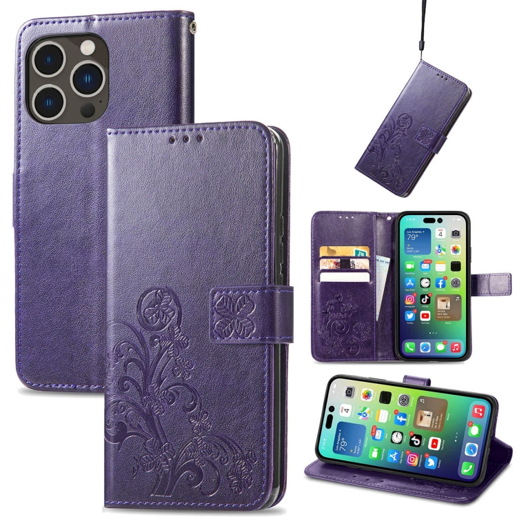 Four-leaf Clasp Embossed Buckle Leather Phone Case, For iPhone 15 Pro Max, For iPhone 15 Pro, For iPhone 15 Plus, For iPhone 15