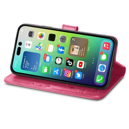 Four-leaf Clasp Embossed Buckle Leather Phone Case, For iPhone 15 Pro Max, For iPhone 15 Pro, For iPhone 15 Plus, For iPhone 15