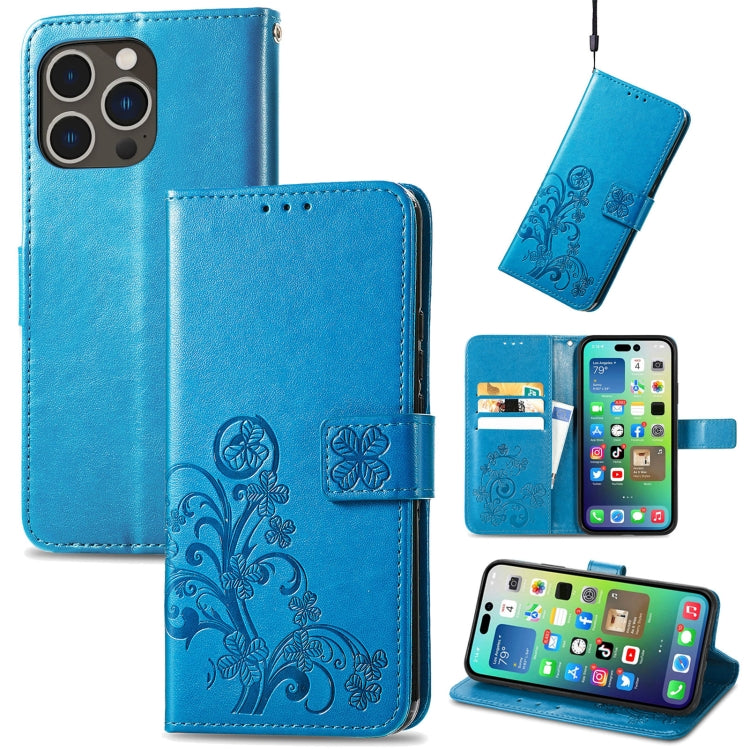 Four-leaf Clasp Embossed Buckle Leather Phone Case, For iPhone 15 Pro Max, For iPhone 15 Pro, For iPhone 15 Plus, For iPhone 15