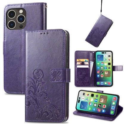 Four-leaf Clasp Embossed Buckle Leather Phone Case, For iPhone 15 Pro Max, For iPhone 15 Pro, For iPhone 15 Plus, For iPhone 15