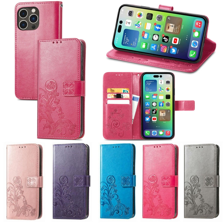 Four-leaf Clasp Embossed Buckle Leather Phone Case, For iPhone 15 Pro Max, For iPhone 15 Pro, For iPhone 15 Plus, For iPhone 15