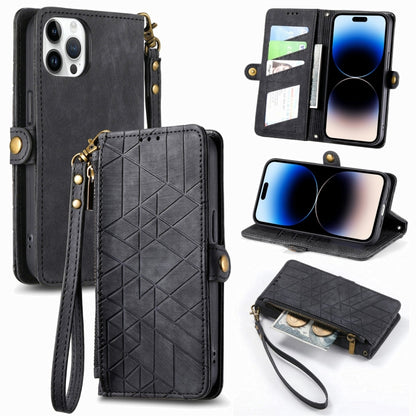 Geometric Zipper Wallet Side Buckle Leather Phone Case, For iPhone 16, For iPhone 15 Pro Max, For iPhone 15 Pro, For iPhone 15 Plus, For iPhone 15, For iPhone 14 Plus, For iPhone 14, For iPhone 14 Pro