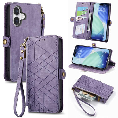 Geometric Zipper Wallet Side Buckle Leather Phone Case, For iPhone 17e / 16e, For iPhone 17 Pro Max, For iPhone 17 Pro, For iPhone 17, For iPhone Air, For iPhone 16 Pro Max, For iPhone 16 Pro, For iPhone 16 Plus