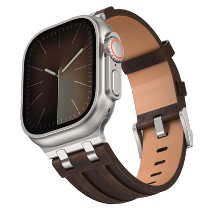 Crazy Horse Vegan Leather Stainless Steel Silver Buckle Watch Band, For Apple Watch 46mm / 49mm / 45mm / 44mm