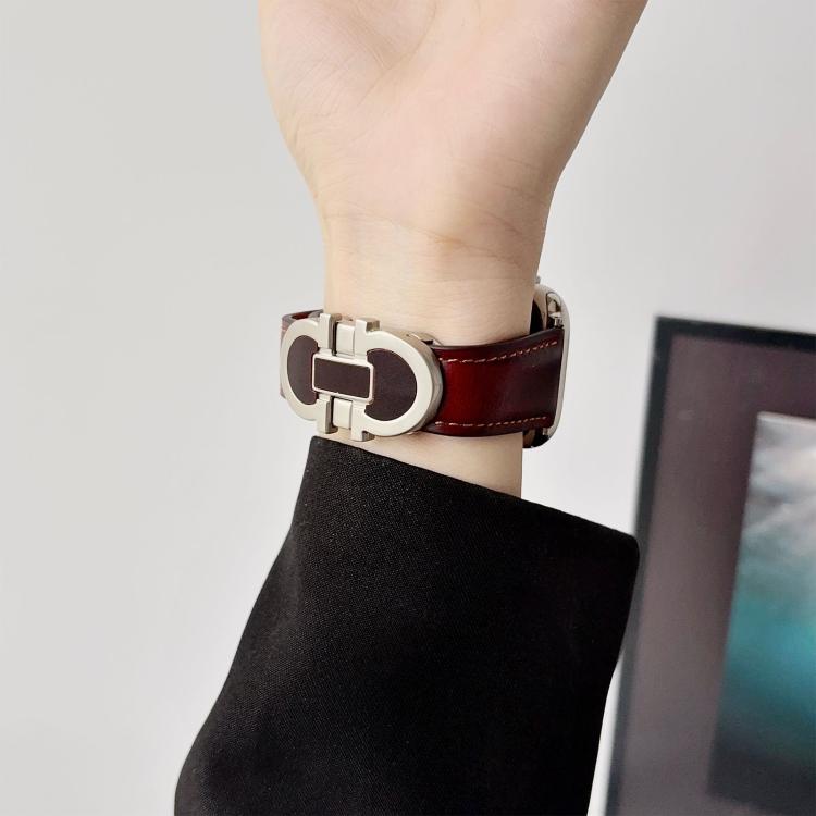 Double G Magnetic Buckle Genuine Leather Watch Band, For Apple Watch 46mm / 49mm / 45mm / 44mm, For Apple Watch 42mm / 41mm / 40mm / 38mm