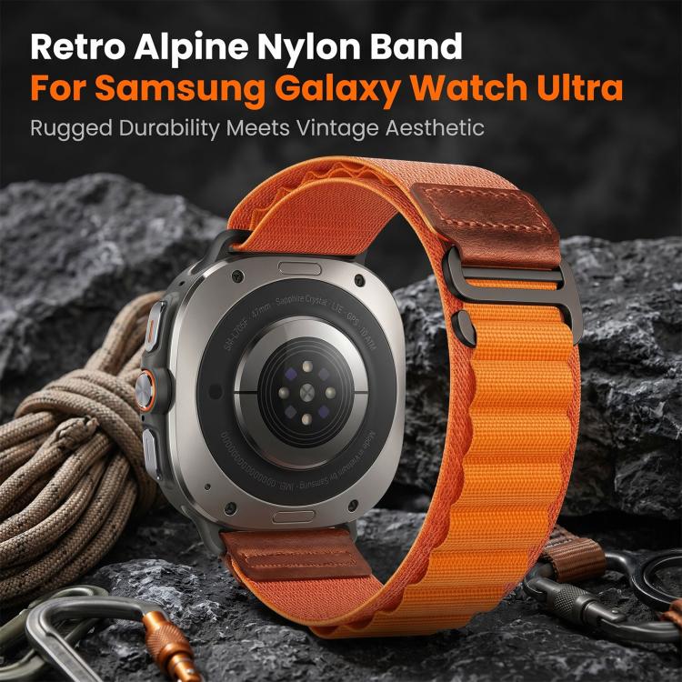 Retro Vegan Leather Label Alpine Nylon Loop Watch Band, For Samsung Galaxy Watch Ultra 47mm / Ultra 2025