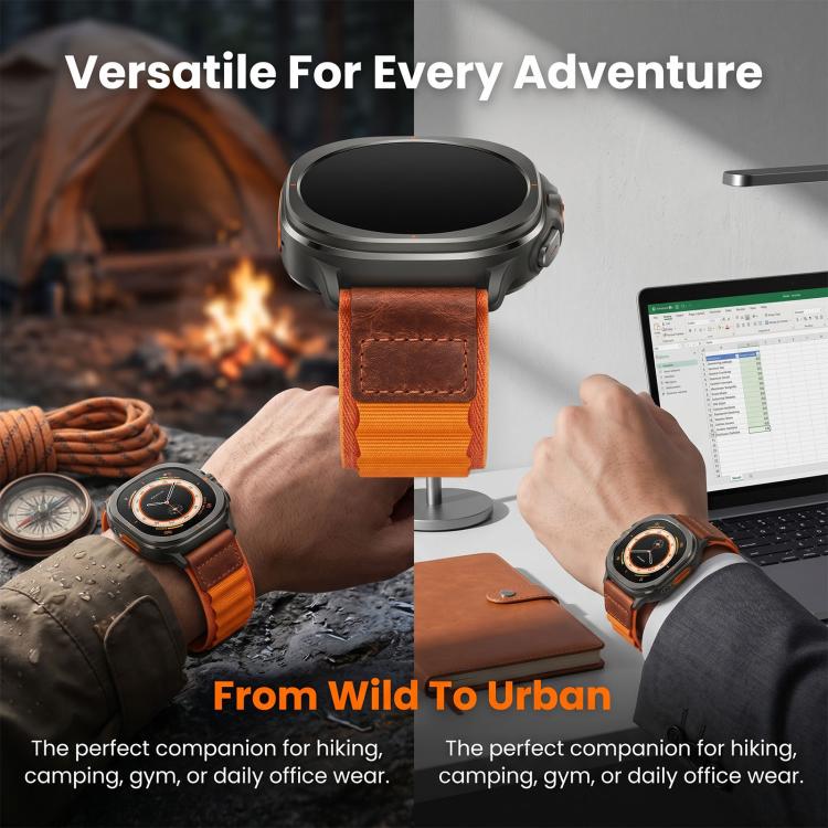 Retro Vegan Leather Label Alpine Nylon Loop Watch Band, For Samsung Galaxy Watch Ultra 47mm / Ultra 2025