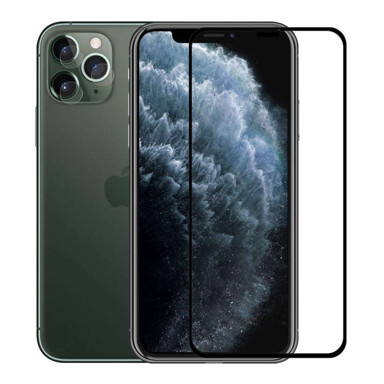 Hat-Prince 2 in 1 Full Glue 0.26mm 9H 2.5D Tempered Glass Full Coverage Protector + 0.2mm 9H 2.15D Round Edge Rear Camera Lens Tempered Glass Film, For iPhone 11 Pro Max, For iPhone 11 Pro, For iPhone 11