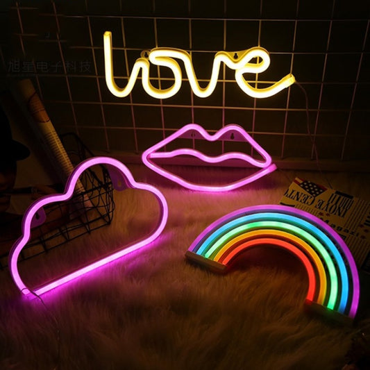LED Neon Pendant Decoration Lamp Warm Night Light, LOVE, Pineapple, Great Love, Flamingo, Lightning, Christmas Tree, Animal Head, Pentagram, Kitten, Moon, Clouds, Lips, Cactus, Dolphin