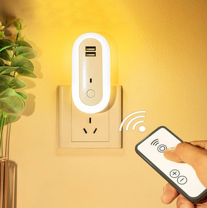 Remote Control Timer Dimming Night Light Bedroom Socket LED Wall Light, CN Plug, Dual-USB