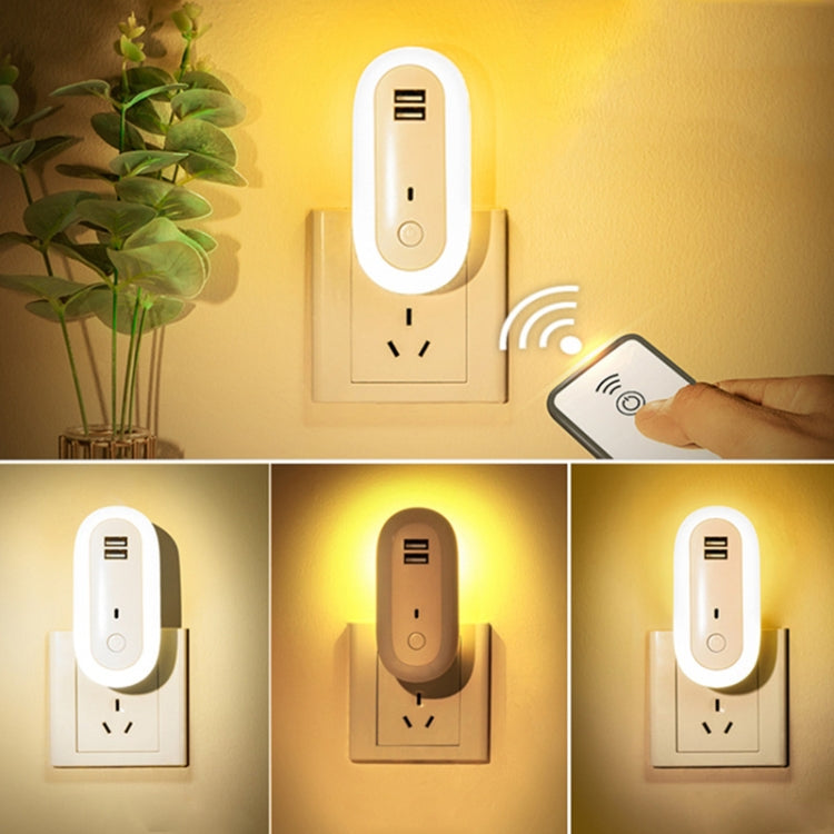 Remote Control Timer Dimming Night Light Bedroom Socket LED Wall Light, CN Plug, Dual-USB