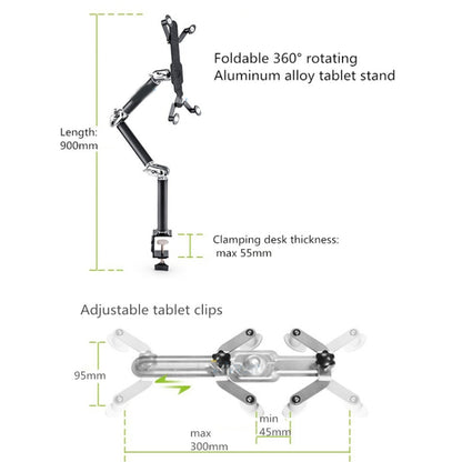 TB-03 Universal Desk Clamp Tablet Stand Aluminum Alloy Articulating Arm with 3-Section Folding & 360-degree Rotation, TB-03