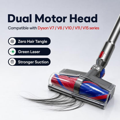 Dual Motor Direct Drive Cleaner Head Anti-Tangle Brush Green Light Dust Reveal, For Dyson V7/V8/V10/V11/V15, For Dyson V10 Slim/V12 Slim