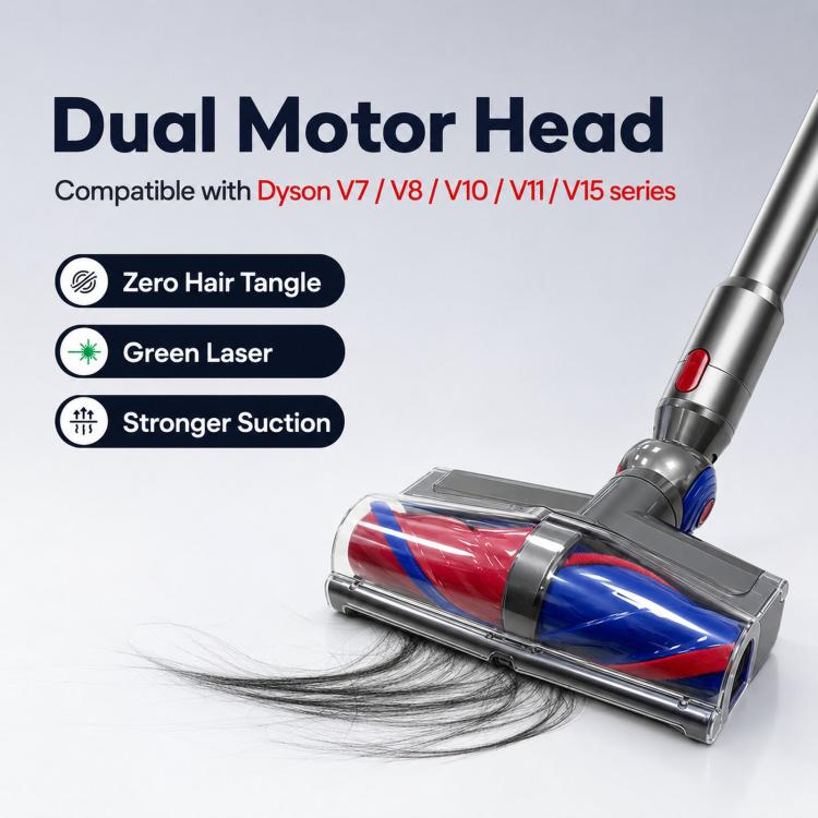 Dual Motor Direct Drive Cleaner Head Anti-Tangle Brush Green Light Dust Reveal, For Dyson V7/V8/V10/V11/V15, For Dyson V10 Slim/V12 Slim