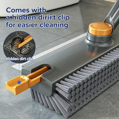 Floor Scrub Brush with Long Handle 2-in-1 Dual-Sided V-Shaped Grout Brush with Squeegee, 360-degree Swivel Head and Built-in Hair Tweezers