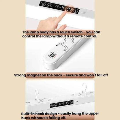 Xiajule Student Dormitory Under-Cabinet Lamp, Magnetic Mount Bed Hanging Light With Hook & Clock Display, Touchscreen, Remote Control