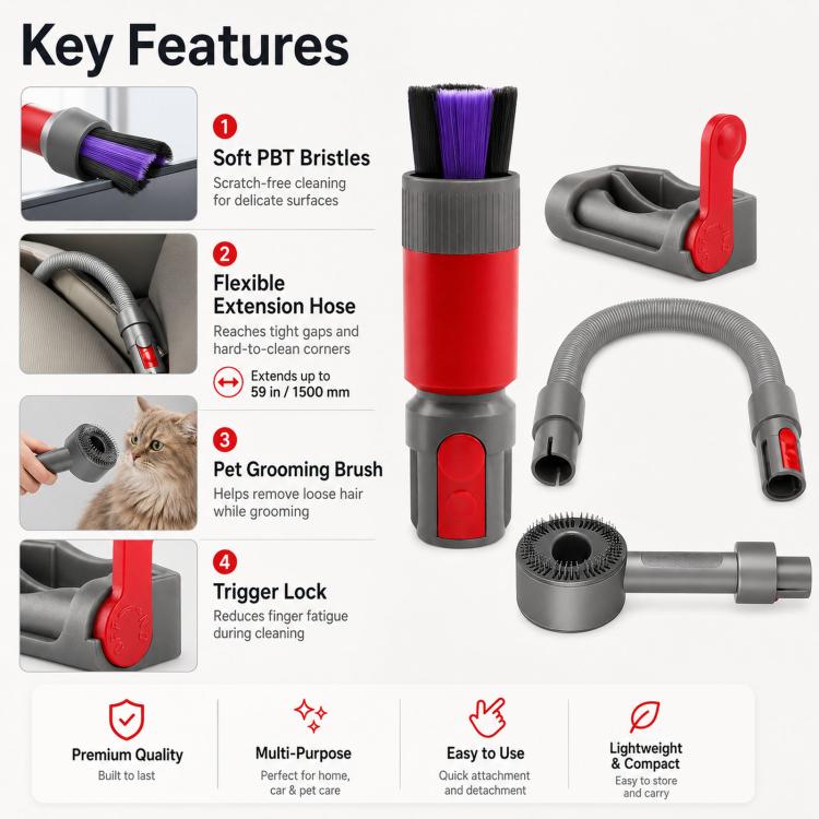 Scratch-Free Dusting Brush Accessories Kit For Dyson V7 V8 V10 V11 V15 Vacuum Attachment Set, 3-in 1 Red, 3-in-1 Gray, 4-in-1 Red, 4-in-1 Gray